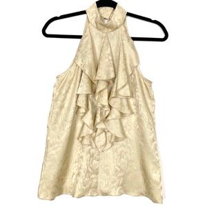 Parker Mock Neck Ruffle Silk Blouse Light Gold XS